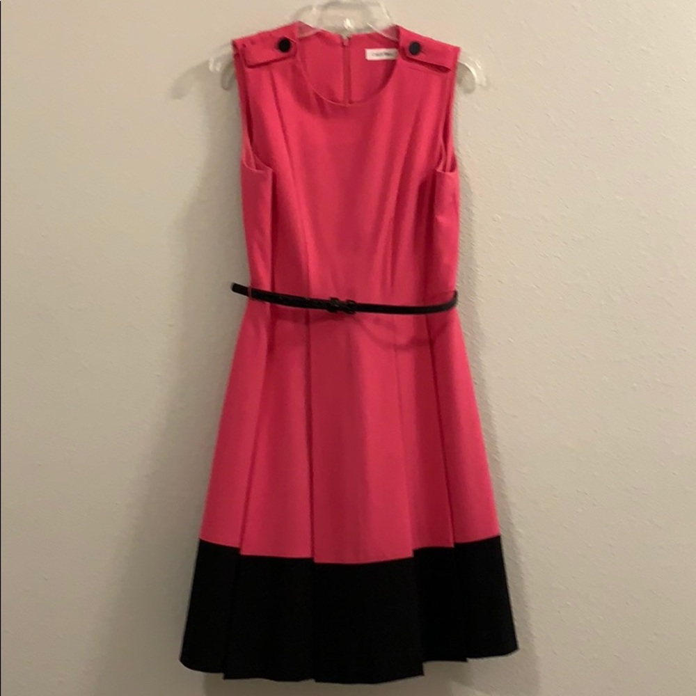 Calvin Klein pink and black front pleat day dress
